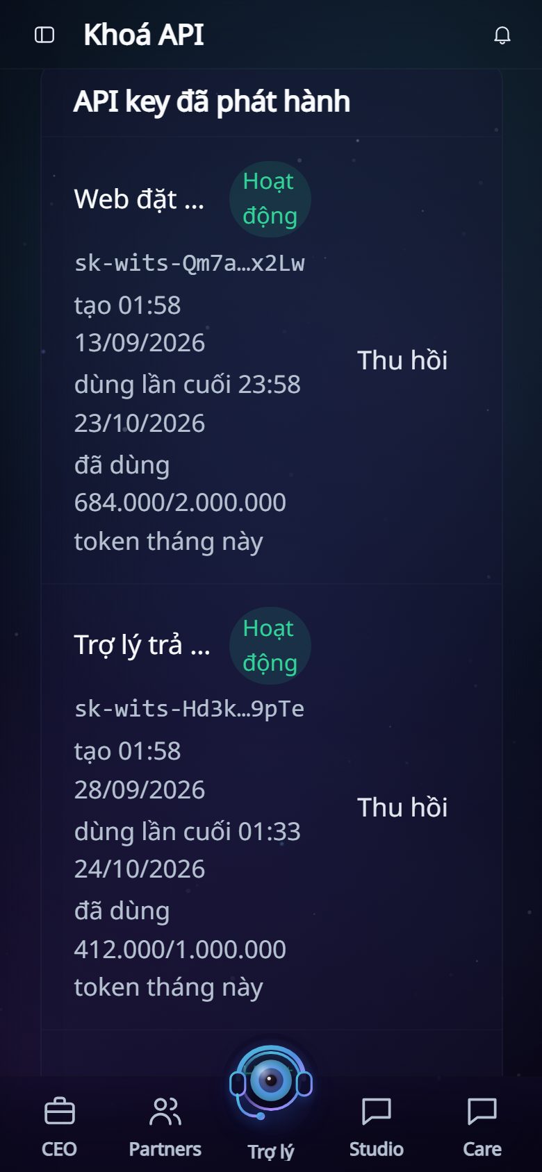 Wits Connect quản lý khoá kết nối, dữ liệu minh hoạ, trên điện thoại