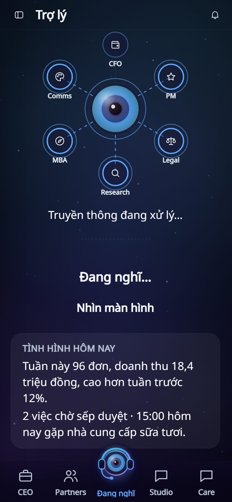 Màn điều khiển Trợ lý Wits Eva với sáu ghế chuyên môn, dữ liệu minh hoạ, trên điện thoại