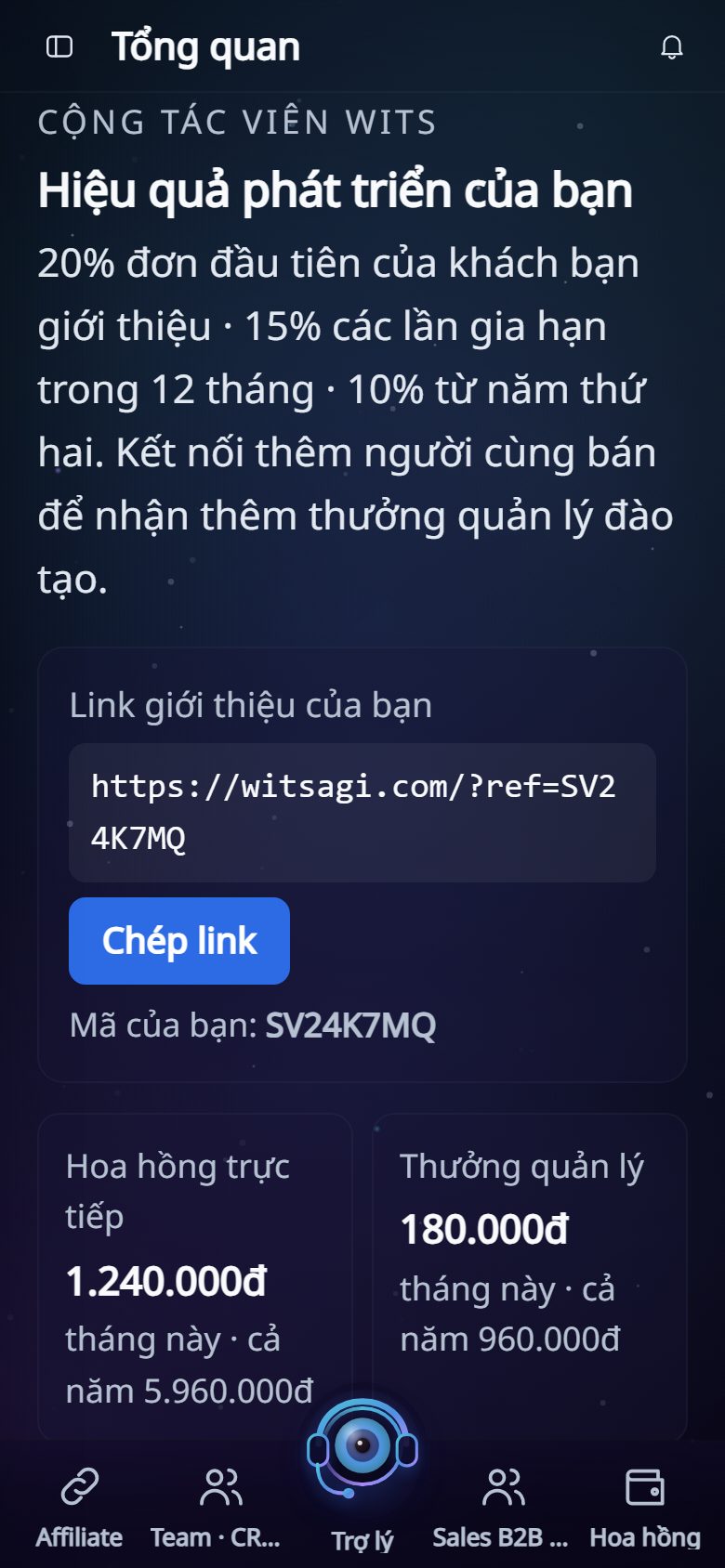 Bàn điều khiển Wits Partners, số tiền trong ảnh chỉ để minh hoạ cách đối soát, dữ liệu minh hoạ, trên điện thoại